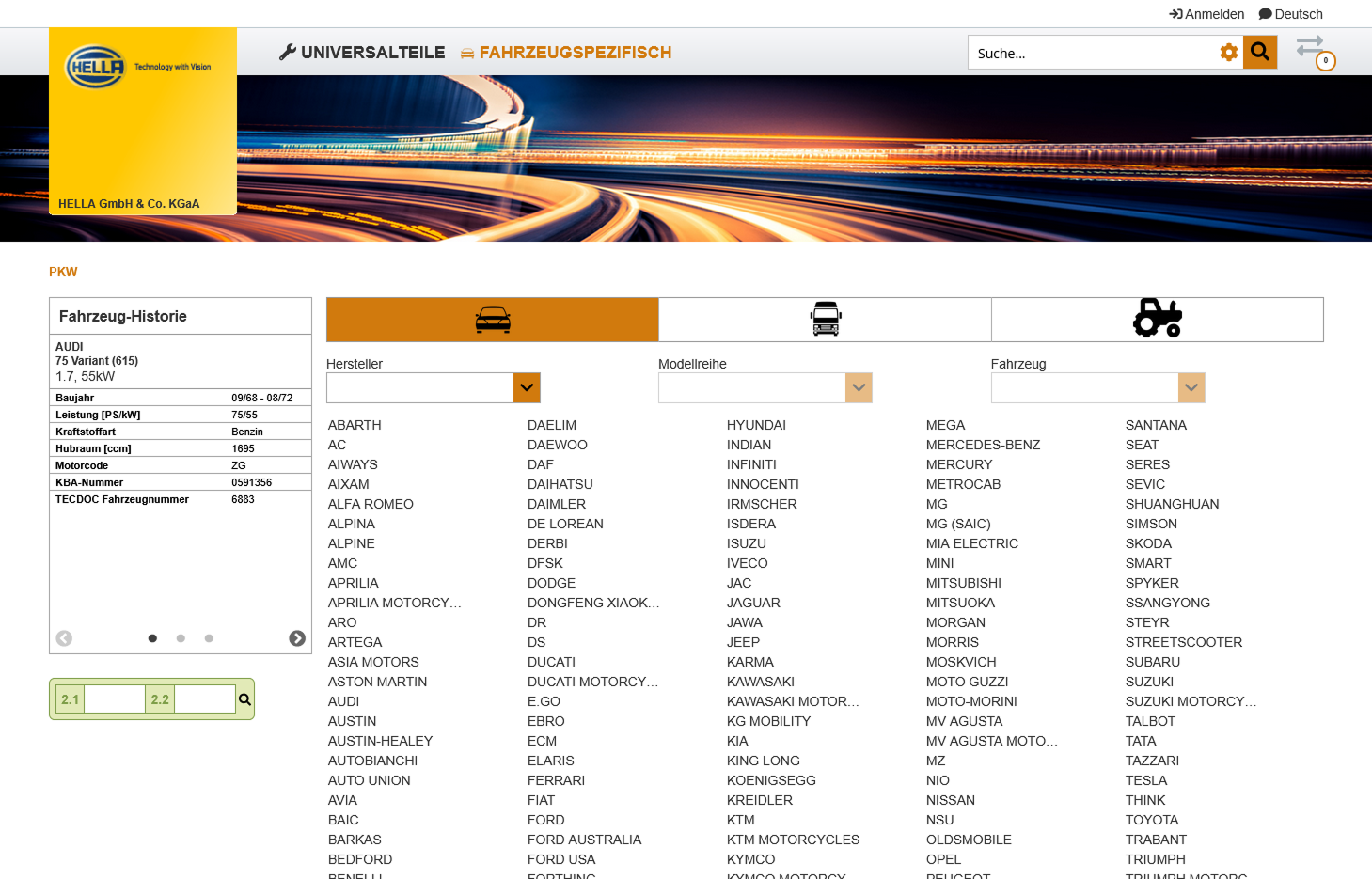 Fahrzeugsuche im Hella Webshop: vom Hersteller über das Modell bis zum Fahrzeug dank TecDoc- und SAP-Anbindung Fahrzeugsuche im Hella-Webshop mit TecDoc- und SAP-Anbindung