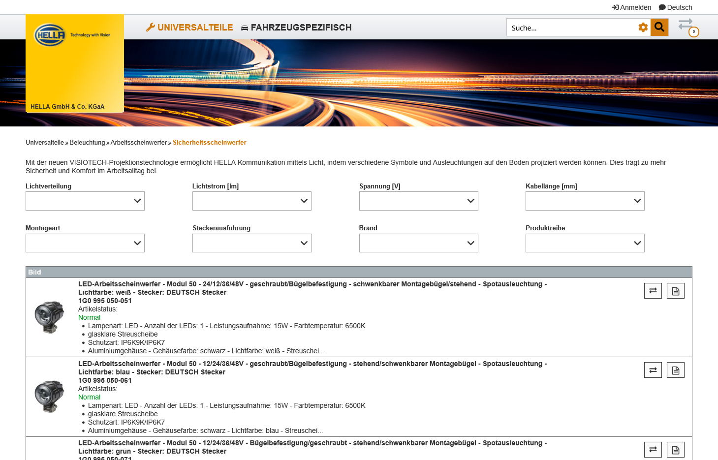 Übersichtliche Produktliste im Hella Webshop mit effizienten Filtermöglichkeiten ANTEROS.web mit effizienten Filtermöglichkeiten in den Produktlisten
