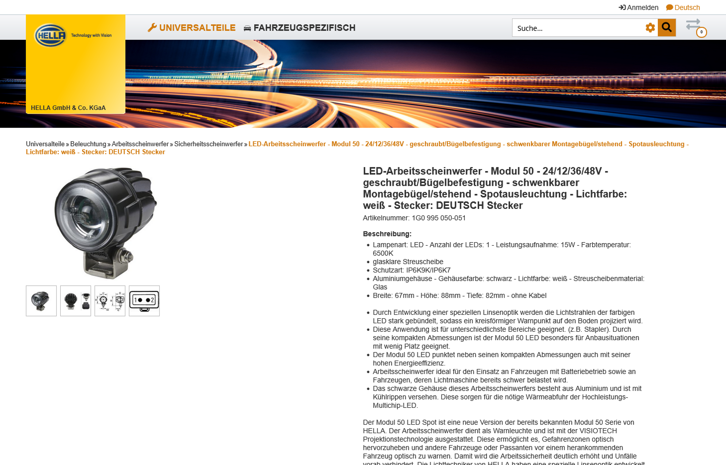 Alle Informationen zum Produkt auf einem Blick Produktdetailseite im Hella Webshop